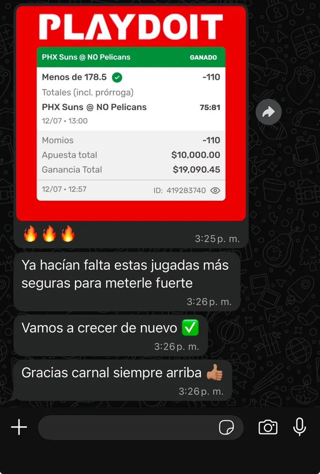 Conversación de WhatsApp: miembro agradece las jugadas seguras tras una mala racha y celebra volver a crecer