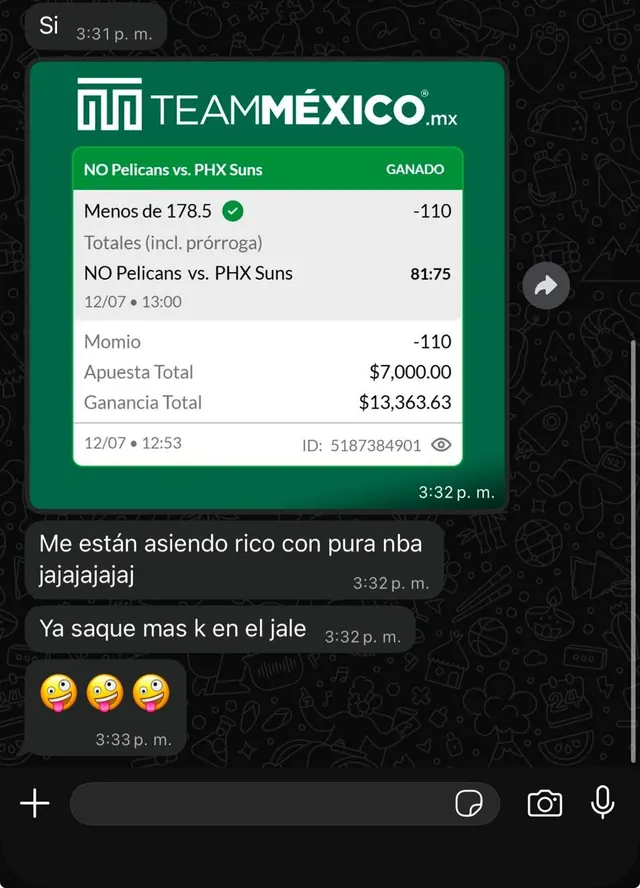 Conversación de WhatsApp: miembro muestra ticket de $13,363 en TeamMéxico y bromea que sacó más que en el trabajo