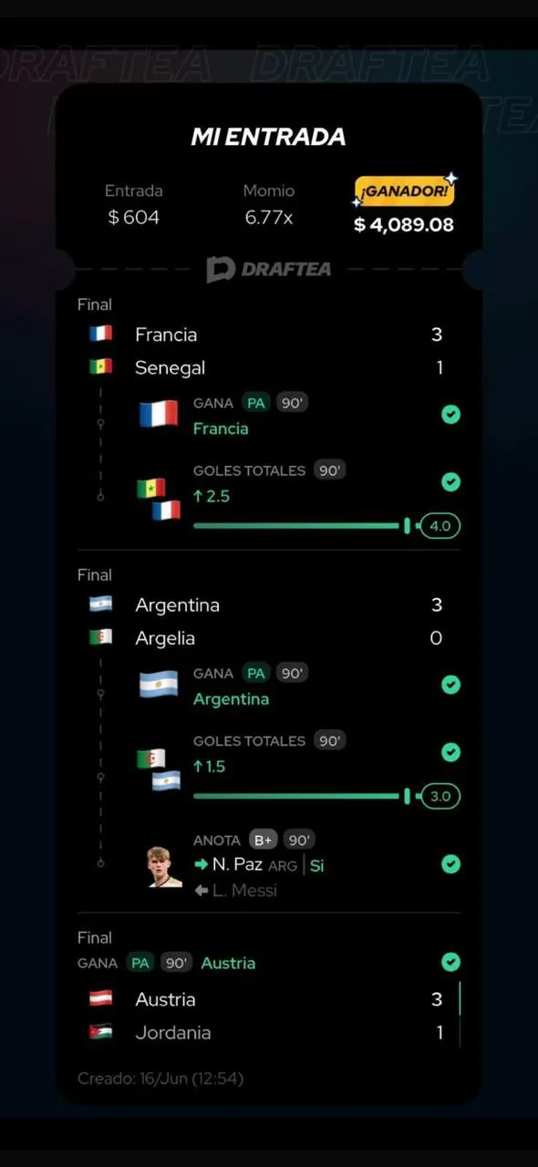 Entrada ganadora en Draftea: momio 6.77x, $604 de entrada y $4,089 de premio en partidos del Mundial (16 de junio)