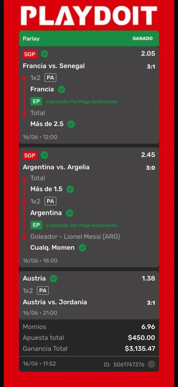 Ticket ganado en Playdoit: triple del Mundial con Messi como goleador, momio 6.96, $450 de apuesta y $3,135 de ganancia (16 de junio)