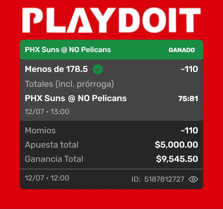 Ticket ganado en Playdoit: apuesta directa al under en Suns vs Pelicans, $5,000 de apuesta y $9,545 de ganancia (12 de julio)